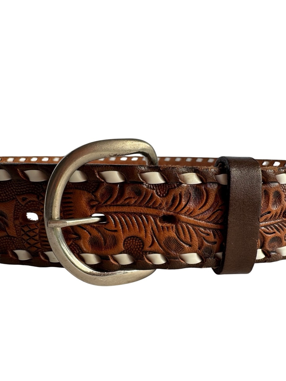 Western Cowhide Leather Tooled Belt Mens 40 Oak Leaf Acorn Cowboy Rodeo USA EUC